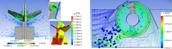 Strömungsbild und Differenzdruckverteilung an einer Häckselklinge sowie Partikelströmung in einem Häckselaggregat [1] 
